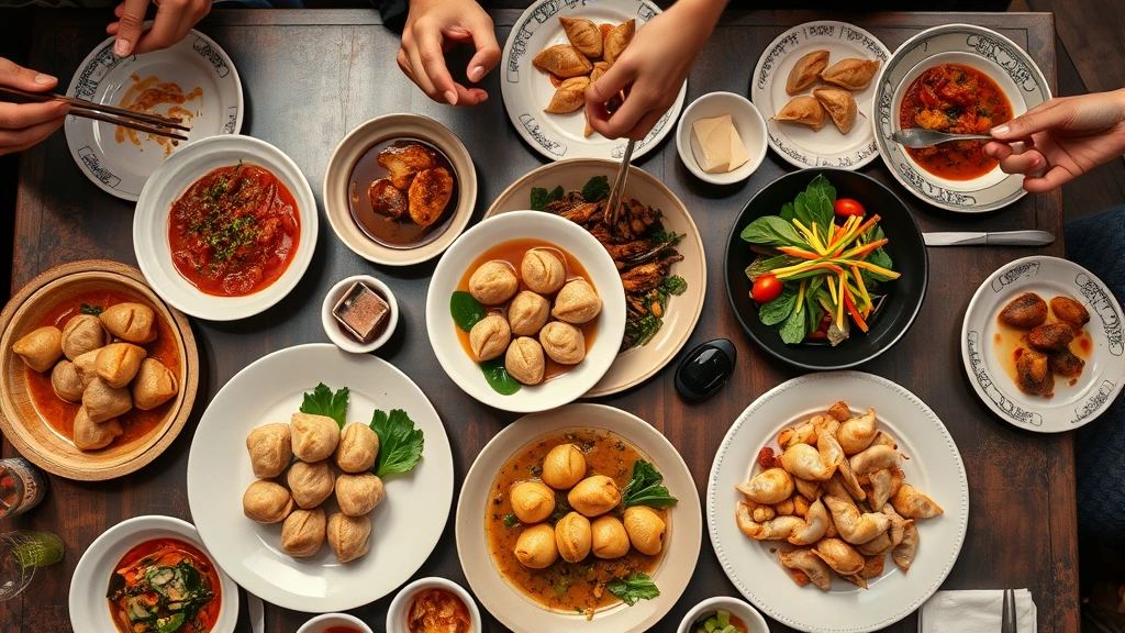 Overhead shot of family-style dining table with multiple small plates of international cuisines, chopsticks and hands reaching for dumplings and seafood, warm ambient restaurant lighting
