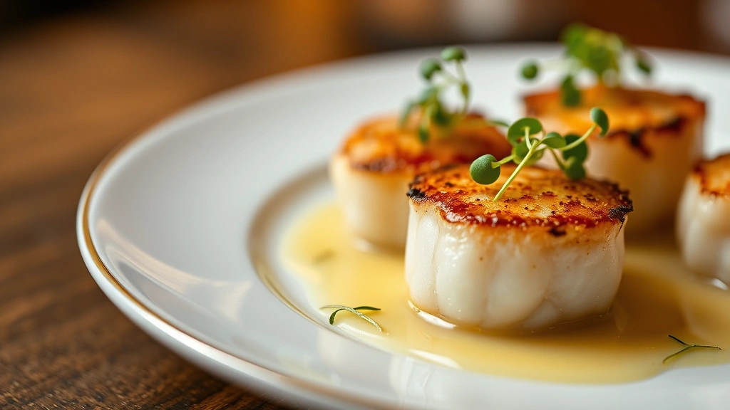 Close-up of seared scallops with lemon beurre blanc and microgreens on white porcelain plate, professional plating, fine dining presentation, warm soft lighting