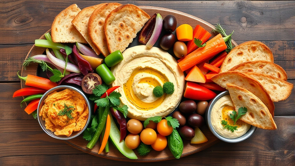 Overhead shot of colorful Mediterranean mezze platter with hummus, fresh vegetables, olives, flatbread, and herbs, vibrant natural daylight, rustic wooden table, appetizing arrangement