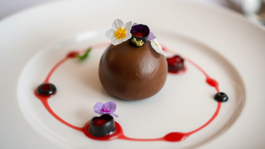 Plated dessert featuring chocolate mousse sphere, edible flowers, berry coulis, gold leaf accents, elegant fine dining presentation, professional culinary photography, shallow depth of field
