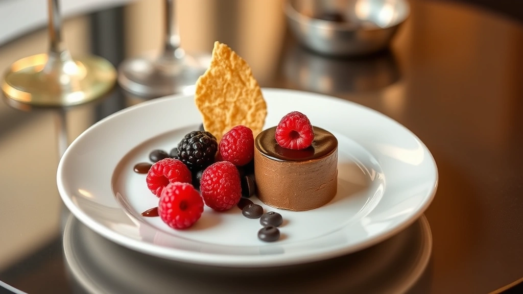 Elegant chocolate mousse dessert with crispy wafer, dark chocolate ganache, and fresh berries, professional plating, soft golden lighting, fine dining presentation