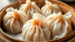 Close-up of perfectly steamed har gow dumplings with translucent wrapper revealing plump shrimp filling, arranged on bamboo dim sum basket with steam rising, professional food photography style
