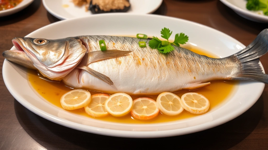 Whole steamed fish plated elegantly with fresh ginger slices, scallion, and cilantro garnish, glistening with light sauce, professional restaurant plating on white ceramic dish