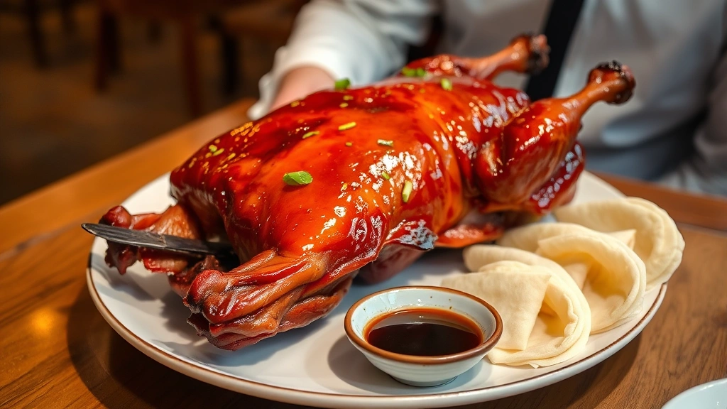 Peking duck displayed tableside with crispy mahogany skin, served with thin crepes, scallion brushes, and house-made plum sauce in small ceramic dish, theatrical presentation style