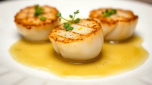 Close-up of perfectly seared scallops with golden crust, brown butter sage sauce pooling underneath, garnished with microgreens and lemon zest on white plate, professional culinary photography