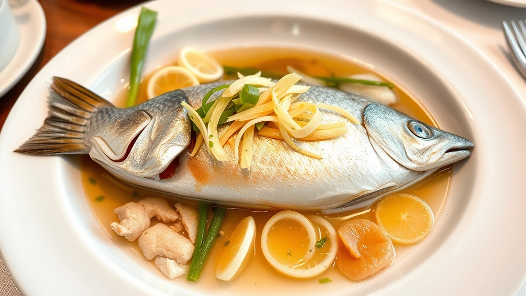 Whole steamed fish plated elegantly with julienned ginger, sliced scallions, and delicate herbs arranged artfully, steam wisping above, restaurant fine dining presentation