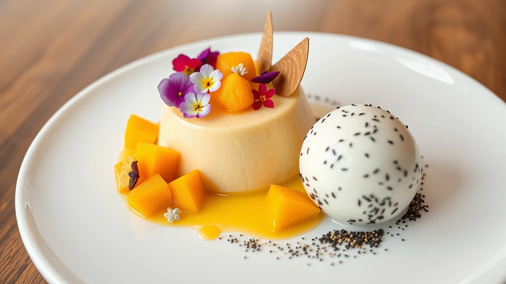 Mango mousse dessert with silky texture, fresh mango cubes, edible flowers, sesame brittle shards, and black sesame ice cream on minimalist white plate, luxury plating