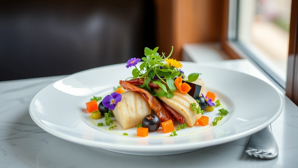 Artfully plated farm-to-table dish featuring seasonal vegetables with microgreens and edible flowers, professional restaurant presentation on white porcelain, natural window light