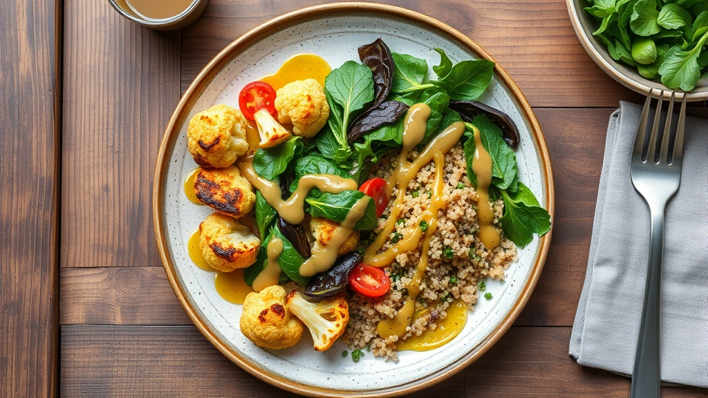 Overhead shot of colorful vegetable-forward plate with roasted cauliflower, quinoa, and vibrant greens with tahini drizzle, rustic wooden table setting