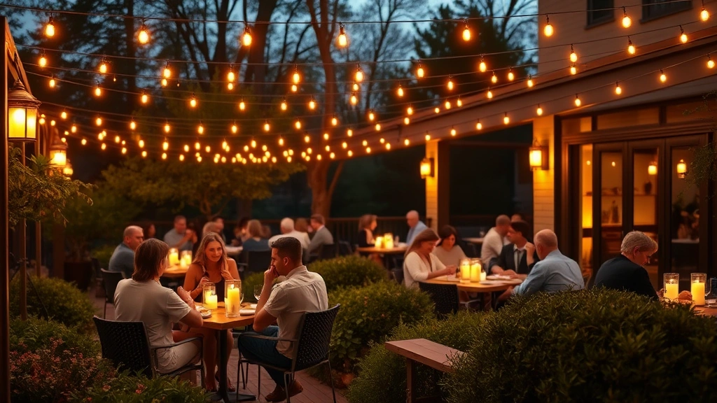 Outdoor patio dining scene at dusk with string lights, diners enjoying meals at candlelit tables surrounded by garden plantings, warm ambient evening atmosphere
