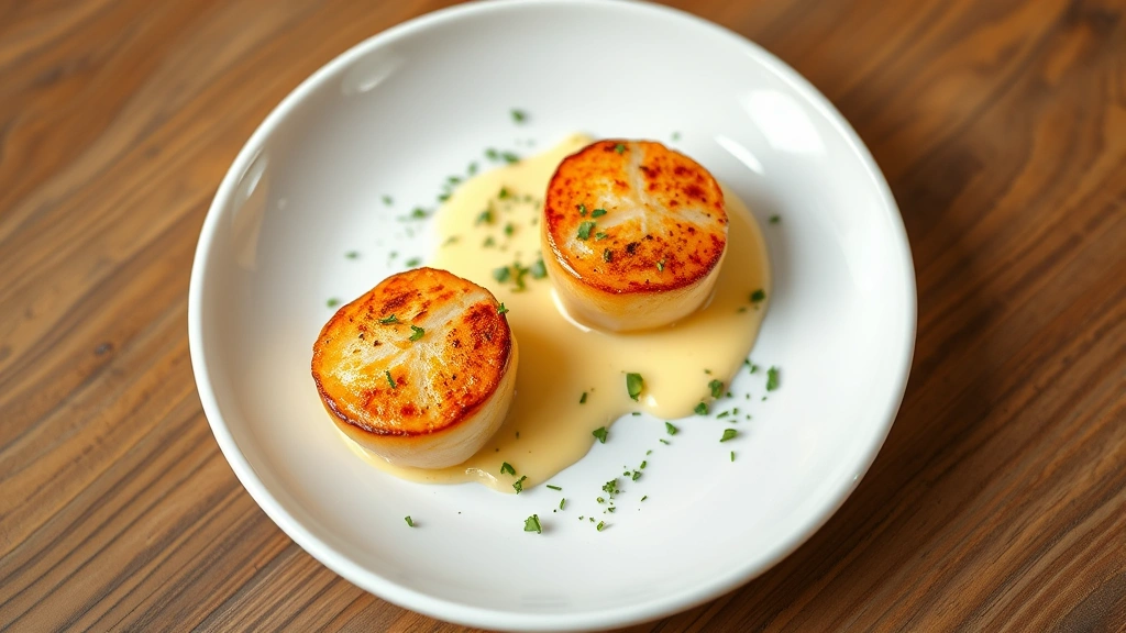 Overhead shot of perfectly seared Scottish scallops on white ceramic plate with micro-herbs and beurre blanc sauce, professional plating, fine dining presentation, warm natural light