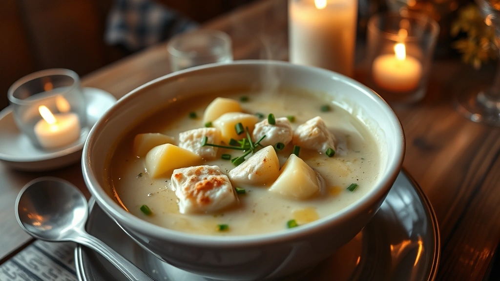 Steaming bowl of Cullen skink soup with smoked haddock, potatoes, and cream, garnished with fresh chives, rustic Scottish bistro setting, cozy atmospheric lighting