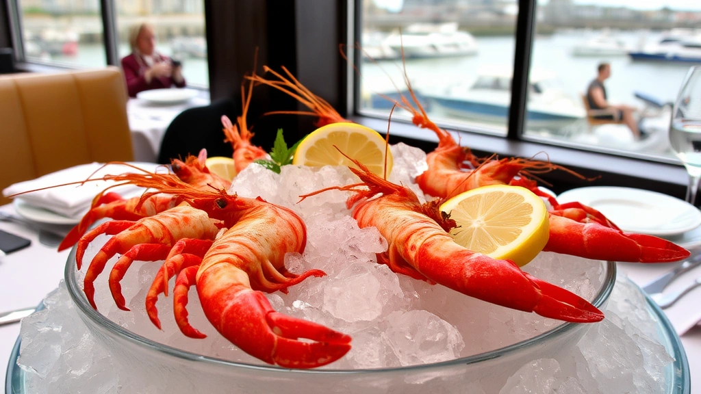 Fresh Scottish langoustines on crushed ice with lemon wedges, waterfront restaurant table setting, Leith harbor visible through window, elegant seafood presentation