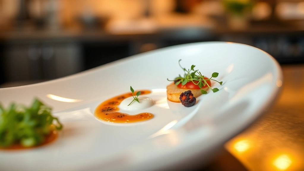Close-up of perfectly plated fine dining dish with microgreens, sauce artistry, and seasonal vegetables arranged with precision, warm professional kitchen lighting reflecting on porcelain, shallow depth of field emphasizing plate composition