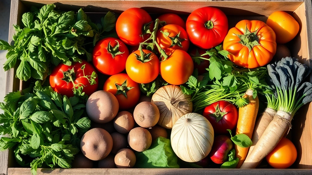 Farm fresh ingredients in wooden crate—heirloom tomatoes, fresh herbs, artisanal root vegetables, and seasonal produce arranged naturally with morning light creating shadows, emphasizing ingredient quality and seasonal availability