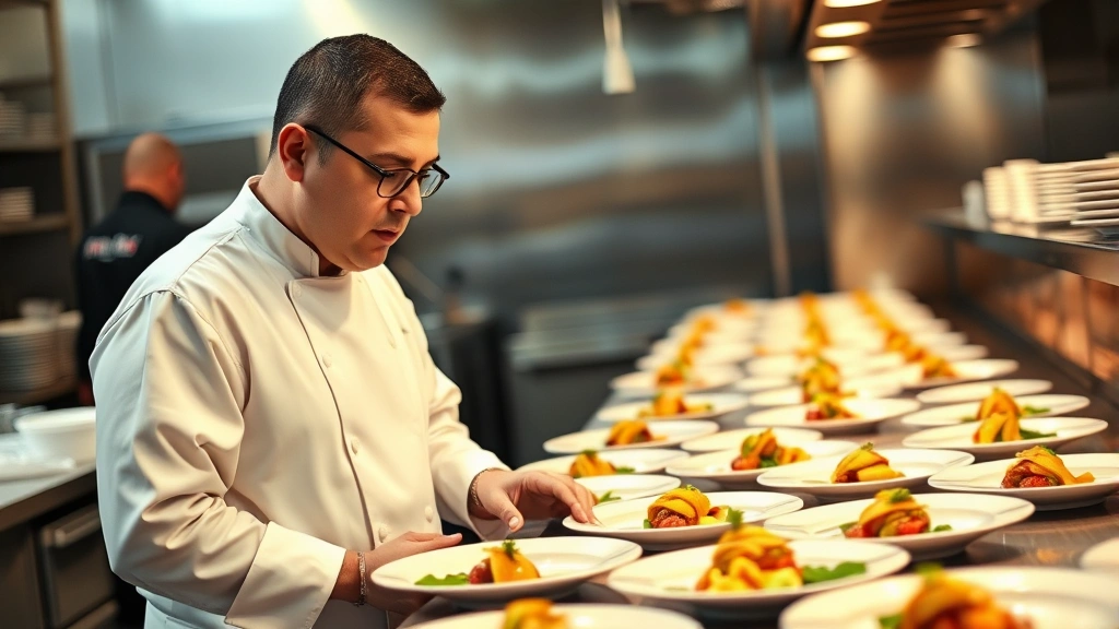 Executive chef in white chef's coat reviewing plated dishes at pass station, multiple perfectly executed plates lined up, warm kitchen lighting, focused expression demonstrating quality control and culinary precision during service