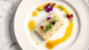 Overhead view of an elegantly plated fine dining dish featuring seared white fish with delicate microgreens, edible flowers, and a glossy herb oil on a white ceramic plate with artistic sauce drizzle, professional restaurant kitchen presentation style