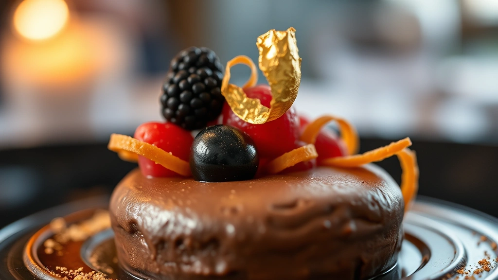 Close-up of a richly colored dessert course showing chocolate mousse with crispy tuile, fresh berries, and gold leaf garnish, captured in warm restaurant lighting with shallow depth of field emphasizing texture and artistry