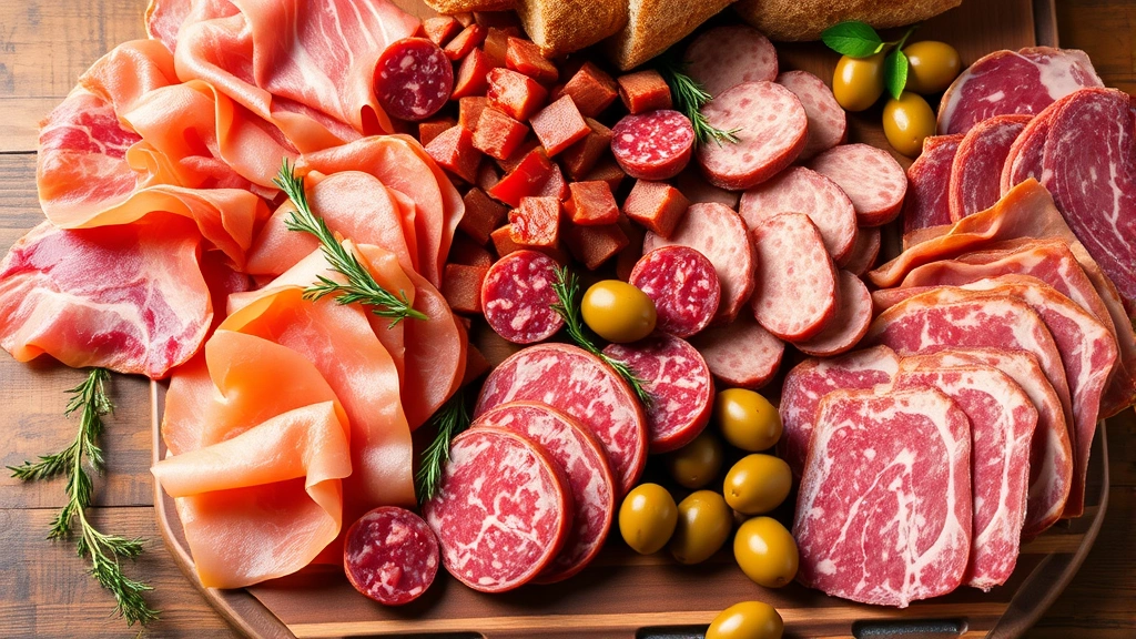 Beautifully arranged charcuterie and cured meats board featuring sliced prosciutto, aged salami varieties, and cured beef with natural color variations, accompanied by fresh herbs, olives, and artisanal bread on rustic wooden surface