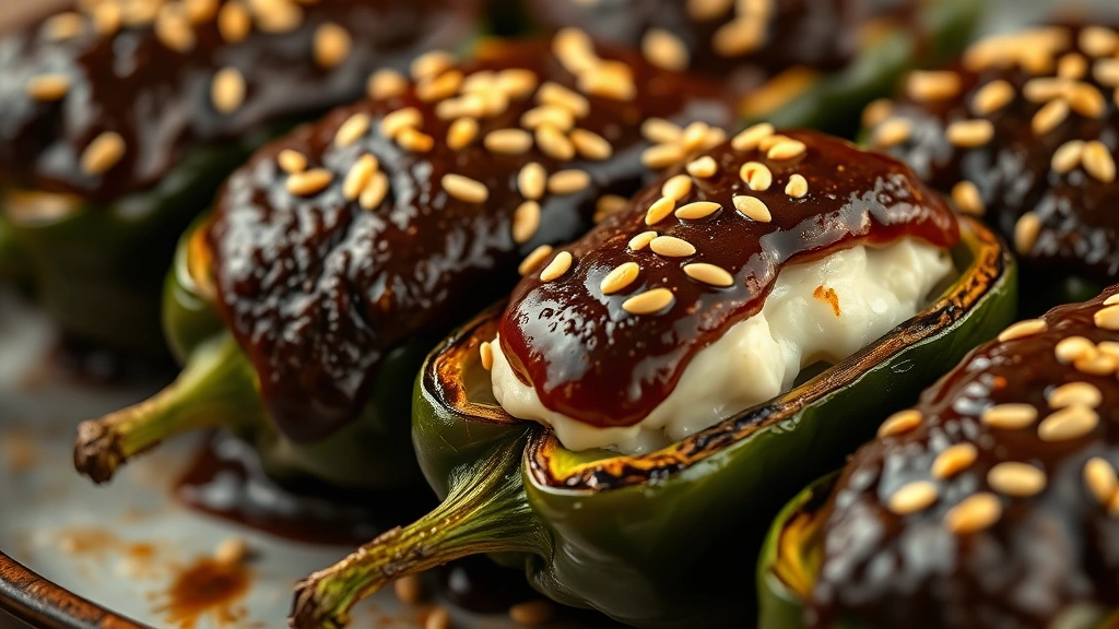 Close-up of perfectly charred poblano peppers filled with white queso fresco and epazote, topped with rich mole negro sauce, garnished with sesame seeds, professional food photography, shallow depth of field, warm golden lighting