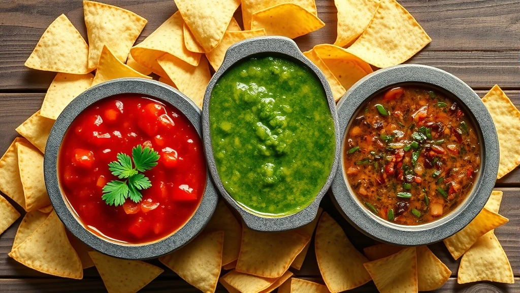 Overhead shot of three authentic Mexican salsas in traditional stone molcajetes - vibrant red salsa roja, bright green salsa verde, and smoky chipotle blend, surrounded by warm corn tortilla chips, rustic wooden table, natural daylight