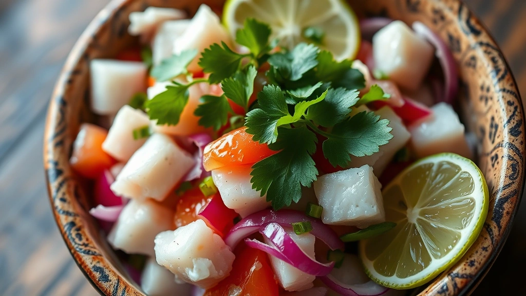 Close-up overhead shot of vibrant fresh ceviche with diced white fish, red onion, cilantro, and lime juice in rustic ceramic bowl, natural daylight, shallow depth of field highlighting citrus cure glistening on seafood