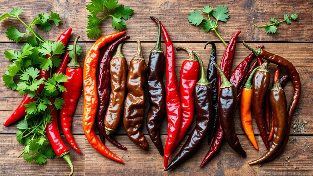 Artistic flat lay of whole dried Mexican chilies—ancho, guajillo, pasilla, chipotle—arranged on weathered wooden surface with fresh cilantro sprigs and scattered Mexican oregano leaves, warm natural lighting