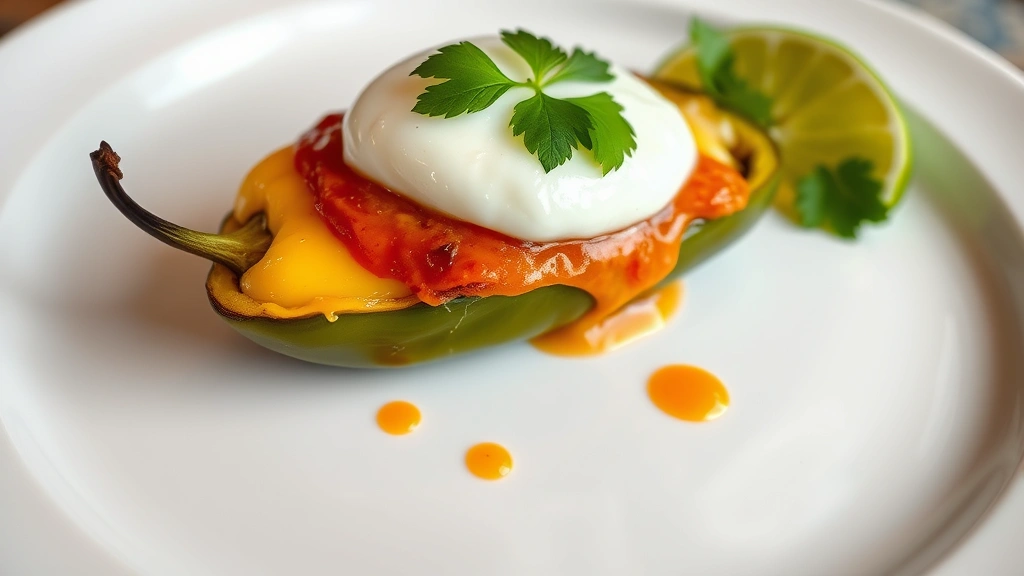 Golden-brown roasted poblano pepper stuffed with melted cheese, topped with airy egg white foam and light tomato sauce, plated on white ceramic, steam rising, garnished with cilantro leaf and fresh lime wedge