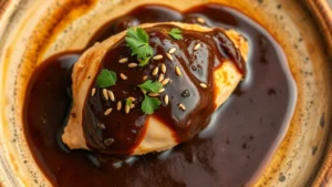 Overhead shot of traditional Mexican mole negro sauce coating perfectly poached chicken breast, garnished with sesame seeds and cilantro on rustic ceramic plate, warm lighting highlighting chocolate-dark sauce