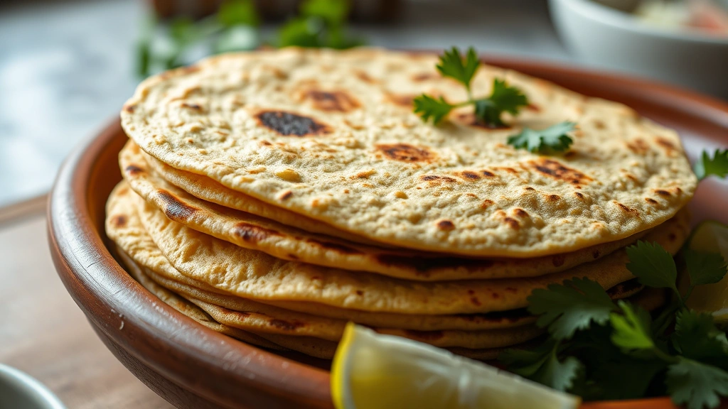 Close-up of hand-pressed corn tortillas stacked on traditional clay plate, showing char marks and steam rising, with fresh cilantro and lime wedges beside, natural kitchen lighting