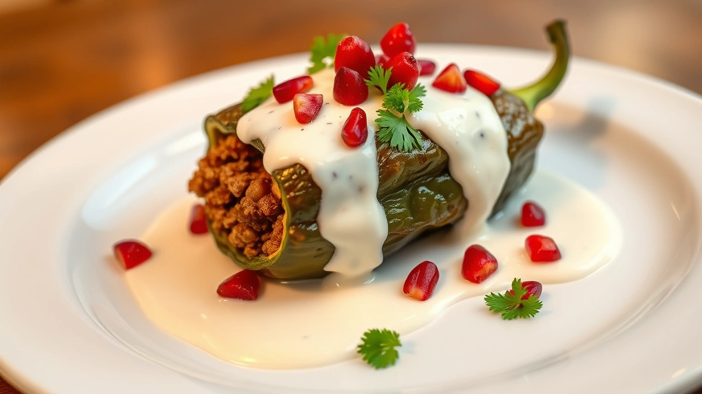Artfully plated chile en nogada showing roasted poblano pepper filled with ground beef and dried fruits, draped with white walnut cream sauce, topped with pomegranate seeds and fresh parsley, professional restaurant plating