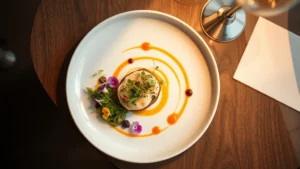 Overhead view of an elegantly plated fine dining dish with microgreens, edible flowers, and artistic sauce swirls on a white ceramic plate, professional restaurant lighting, shallow depth of field, warm golden hour tones reflecting off the plate