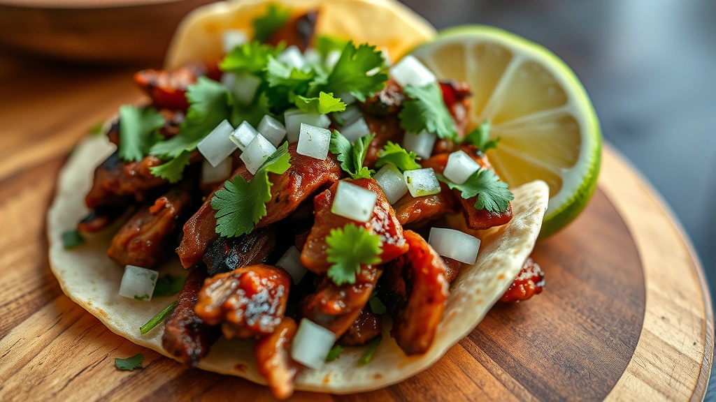 Close-up of a vibrant Mexican street taco with grilled carnitas, fresh cilantro, diced onions, and lime wedge on a corn tortilla, steam rising, rustic wooden serving board, natural daylight, authentic casual dining presentation