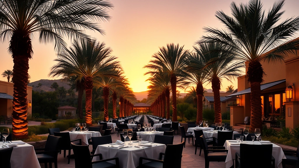 Sunset view of palm trees lining an upscale outdoor dining patio with white tablecloths, wine glasses, place settings, and soft ambient lighting as golden hour light bathes the scene, elegant desert dining atmosphere