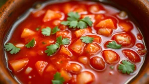 Close-up of vibrant red salsa in traditional clay bowl with visible cilantro flecks, diced tomatoes, and fresh onion pieces, warm restaurant lighting, authentic Mexican cuisine