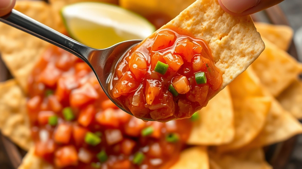 Overhead shot of salsa being spooned onto crispy tortilla chip, showing texture and consistency, fresh lime wedge visible in background, appetizing Mexican restaurant setting