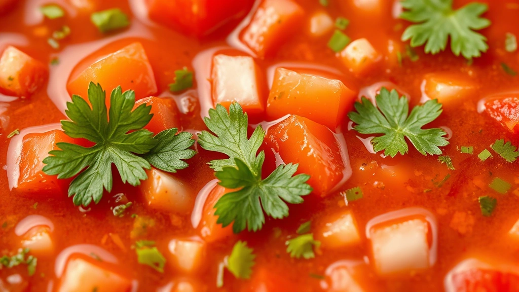 Detail macro photograph of salsa showing individual ingredient components - red tomato chunks, green cilantro leaves, white onion pieces suspended in smooth base, professional food photography