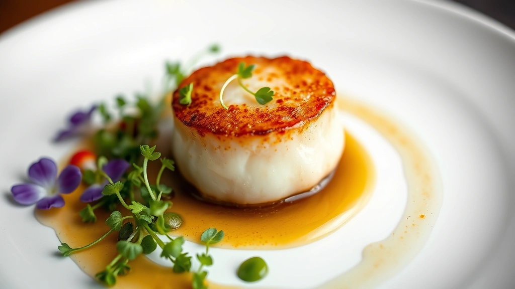 Perfectly seared scallop with golden-brown caramelized exterior, delicate brown butter sauce pooling underneath, surrounded by microgreens and edible flowers, fine dining plating on white porcelain, shallow depth of field, professional culinary photography