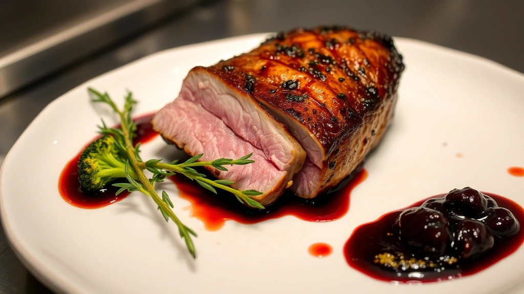 Pan-seared duck breast with crispy rendered skin, blushing pink medium-rare interior, dark cherry gastrique reduction on plate, garnished with fresh thyme sprigs, charred broccolini visible, warm professional kitchen lighting, restaurant-quality presentation