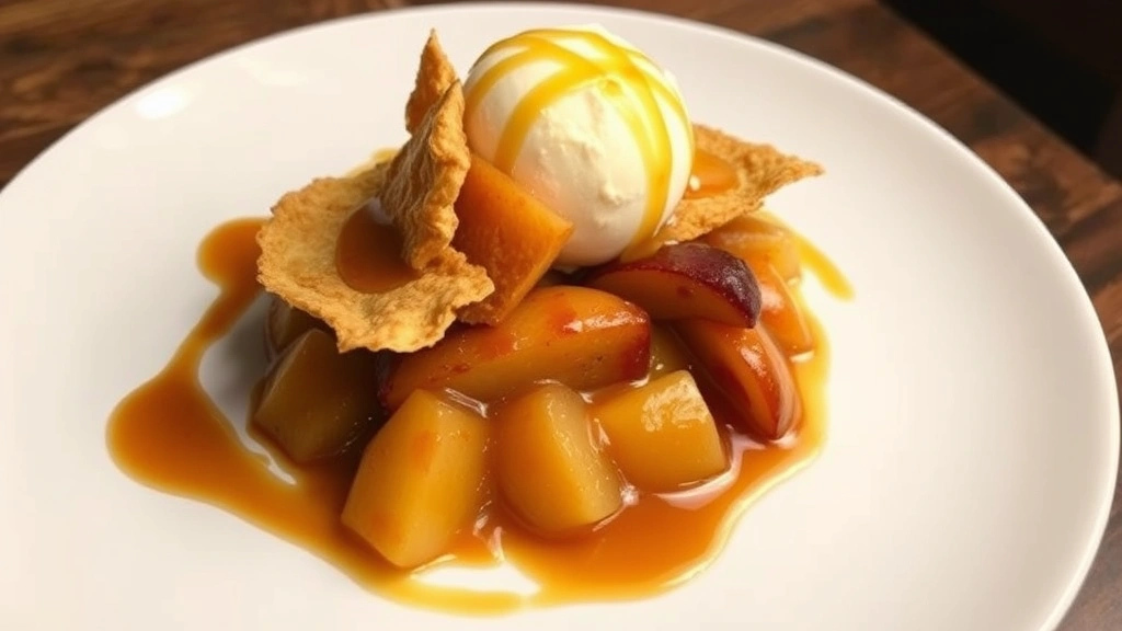 Deconstructed apple pie dessert with crispy phyllo shards, smooth apple purée, caramelized apple chunks, vanilla bean ice cream melting slightly, burnt caramel sauce drizzle, plated on white dish with artistic composition, elegant fine dining presentation