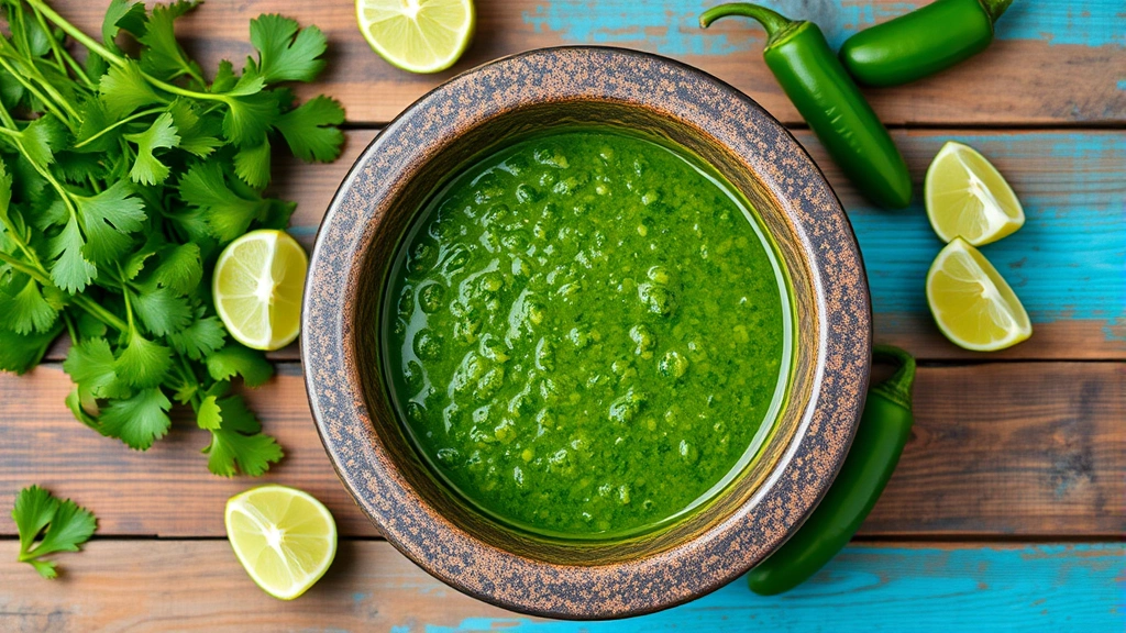 Overhead shot of vibrant green salsa verde in traditional molcajete bowl with cilantro leaves, lime wedges, and fresh jalapeños scattered around on rustic wooden table