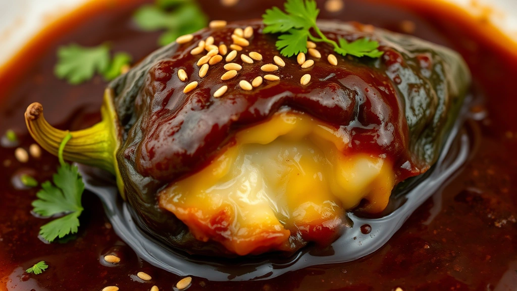 Close-up of steaming chiles rellenos en mole negro sauce, poblano pepper stuffed with melted cheese, rich dark brown sauce coating the plate, garnished with sesame seeds and cilantro