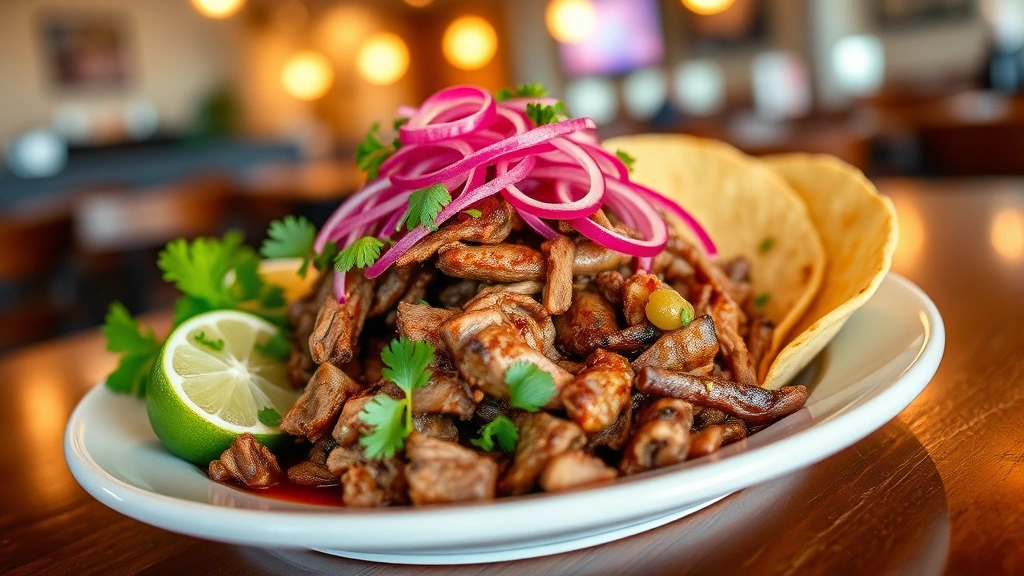 Plated cochinita pibil with tender pulled pork, pickled red onions, fresh cilantro, warm corn tortillas, and lime wedges arranged on white ceramic plate with blurred warm restaurant lighting in background