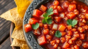 Close-up of vibrant red salsa with charred tomatoes, white onions, and cilantro in traditional molcajete stone bowl, with crispy corn tortilla chips arranged beside it on rustic wooden surface, natural warm lighting highlighting texture and freshness