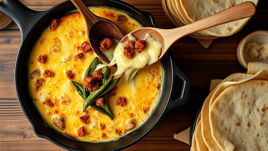 Overhead shot of sizzling cast-iron skillet with bubbling queso fundido topped with chorizo and roasted poblano pepper strips, melted cheese stretching as wooden spoon lifts portion, warm flour tortillas stacked nearby, rustic restaurant table setting visible