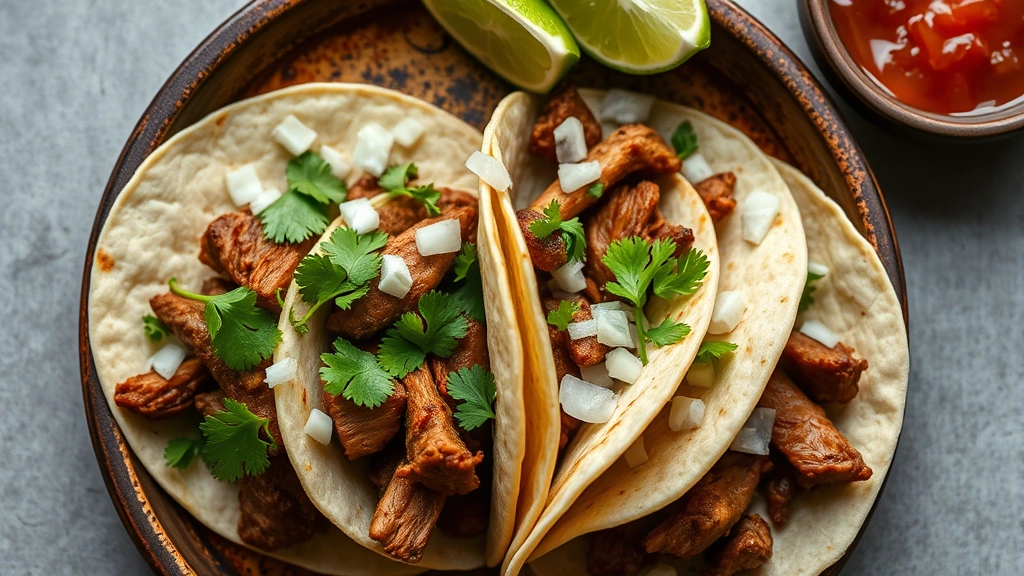 Close-up overhead shot of traditional carnitas tacos with crispy pork shoulder, fresh cilantro, diced onion, and soft corn tortillas, served on rustic ceramic plate with lime wedges and salsa in small bowl