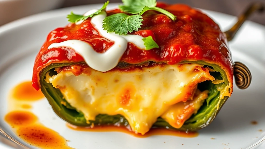 Vibrant chile relleno cross-section showing melted Oaxaca cheese inside roasted poblano pepper, topped with rich red mole sauce, garnished with Mexican crema drizzle and cilantro leaf