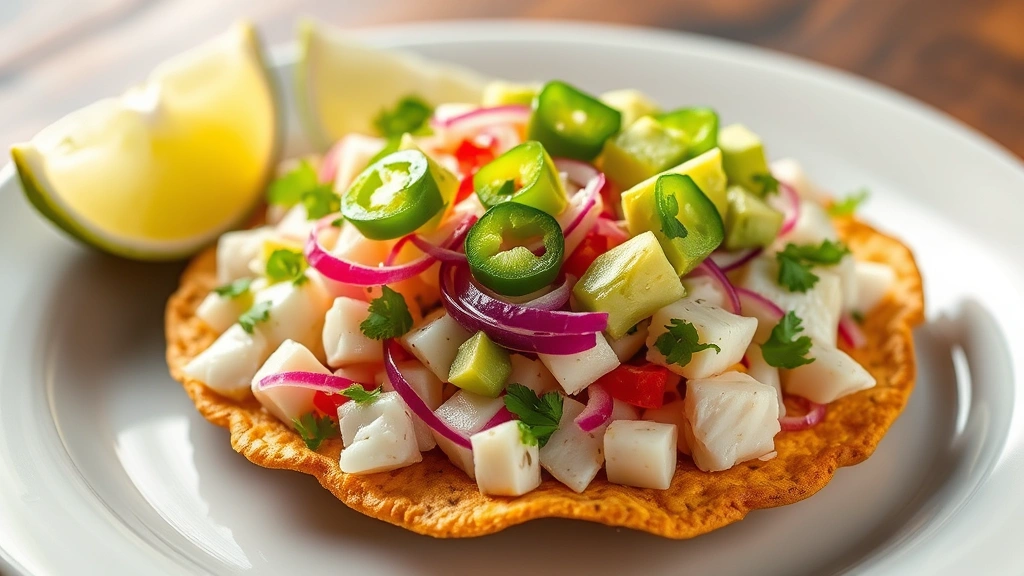 Artfully plated ceviche tostada featuring diced white fish cured in lime juice, topped with red onion, cilantro, jalapeño slices, diced avocado, served on crispy tostada with citrus wedge