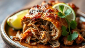 Close-up of slow-roasted carnitas pork with crispy golden exterior, tender shredded meat interior, served on rustic ceramic plate with lime wedge and fresh cilantro garnish, warm lighting highlighting meat texture