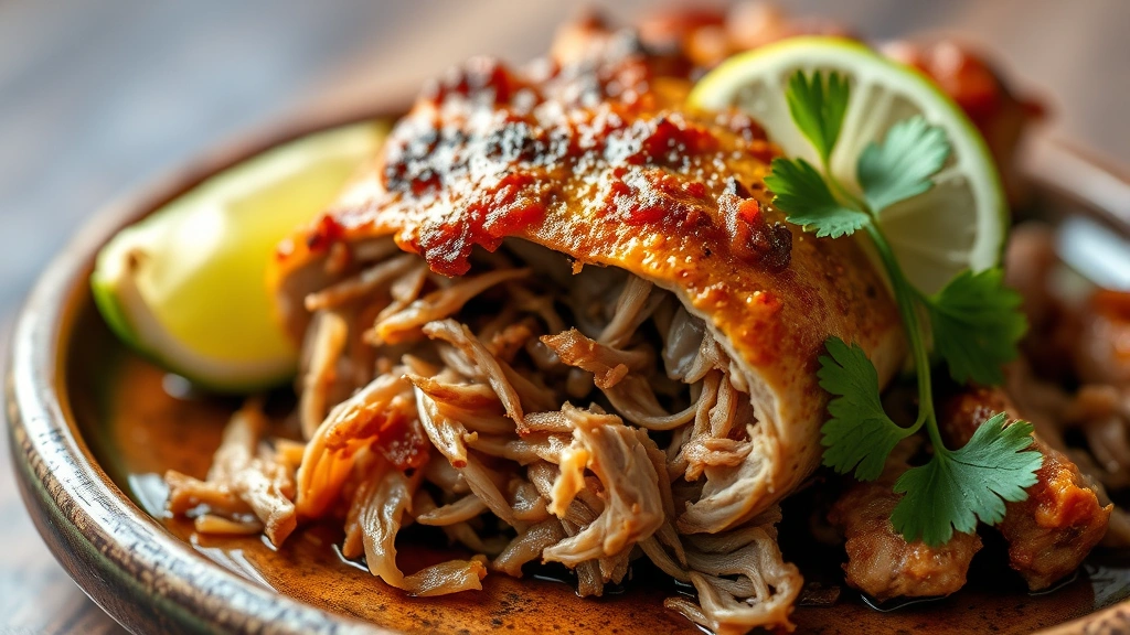 Close-up of slow-roasted carnitas pork with crispy golden exterior, tender shredded meat interior, served on rustic ceramic plate with lime wedge and fresh cilantro garnish, warm lighting highlighting meat texture